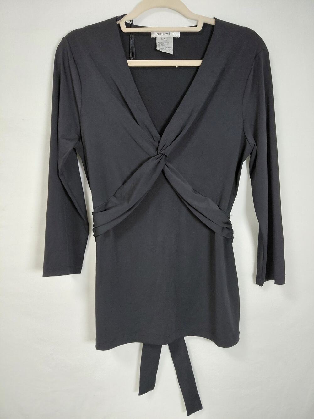 NINE WEST Black Wrap Top Solid Knit Long Sleeve Women Size L